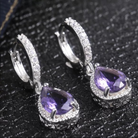 New 925 Silver Water Drop Royal Purple Earrings - Picture 2 of 5